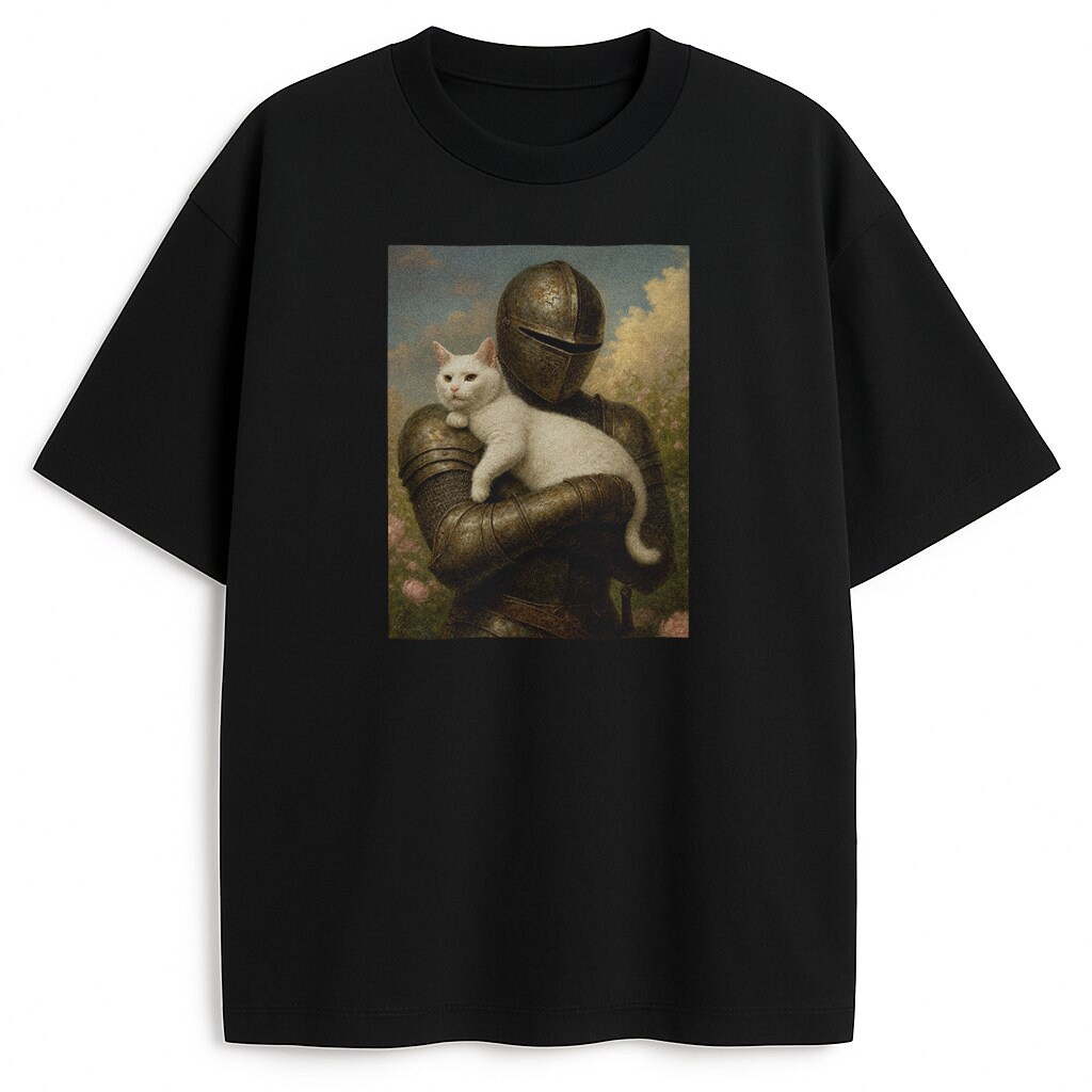 Czarny T-shirt Knights Purrfect Companion z rycerzem tulącym kota w malarskim stylu