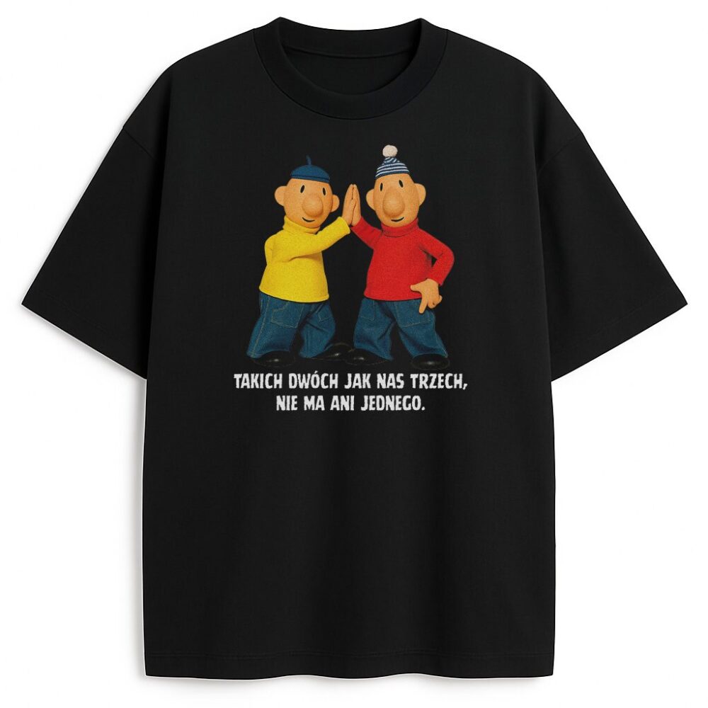 T-shirt Sąsiedzi Takich Dwóch czarny unisex z kontrastowym nadrukiem cytat Pat Mat