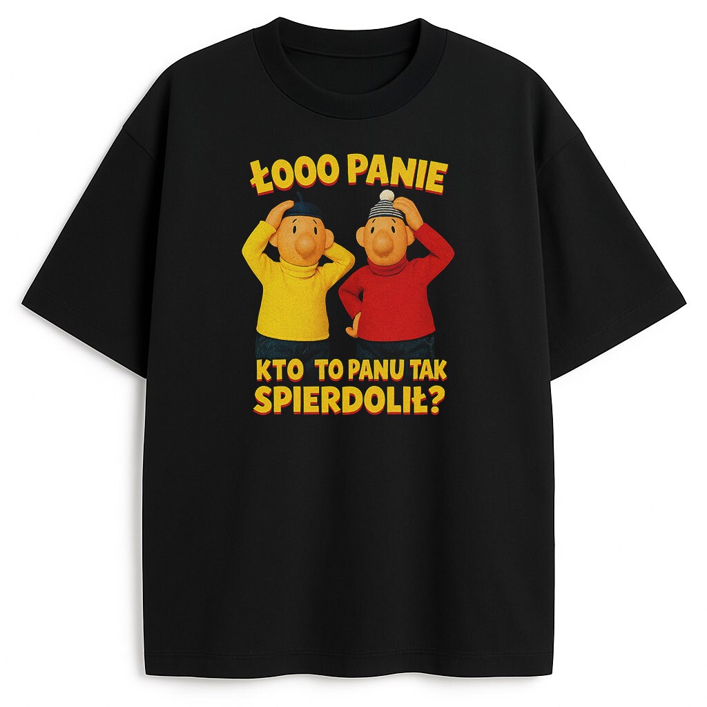 T-shirt Pat i Mat Sąsiedzi z nadrukiem "ło panie kto to panu tak spierdolił?" na czarnym tle.