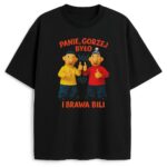 T-shirt Sąsiedzi Panie Gorzej Było i Brawa Bili czarny unisex z kontrastowym nadrukiem cytat Pat Mat