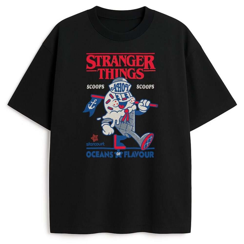 T-shirt Stranger Things Scoops Ahoy czarny – retro nadruk lodziarni