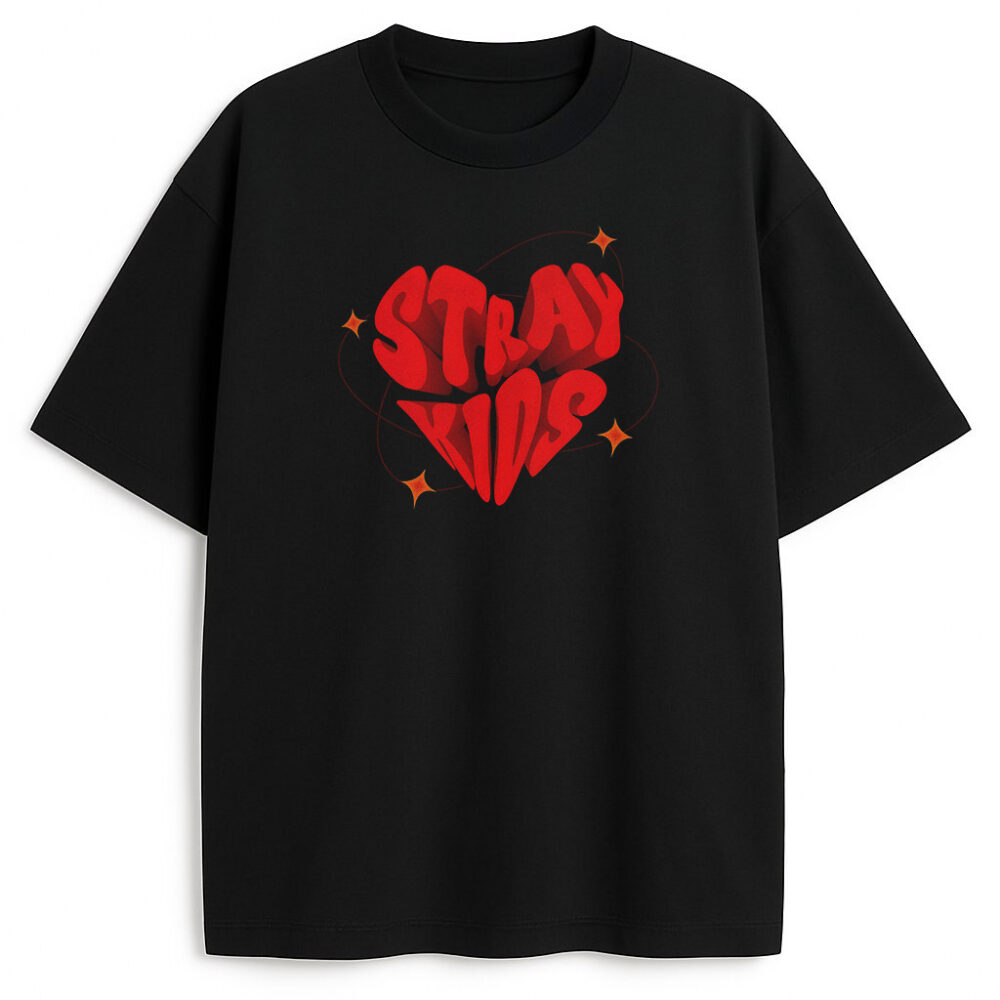 Czarny T-shirt Stray Kids Heart – fan merch z trójwymiarowym czerwonym logo
