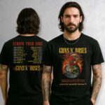 mężczyzna w T-shircie Guns N' Roses Europe Tour 2025 z przodem i tyłem koszulki