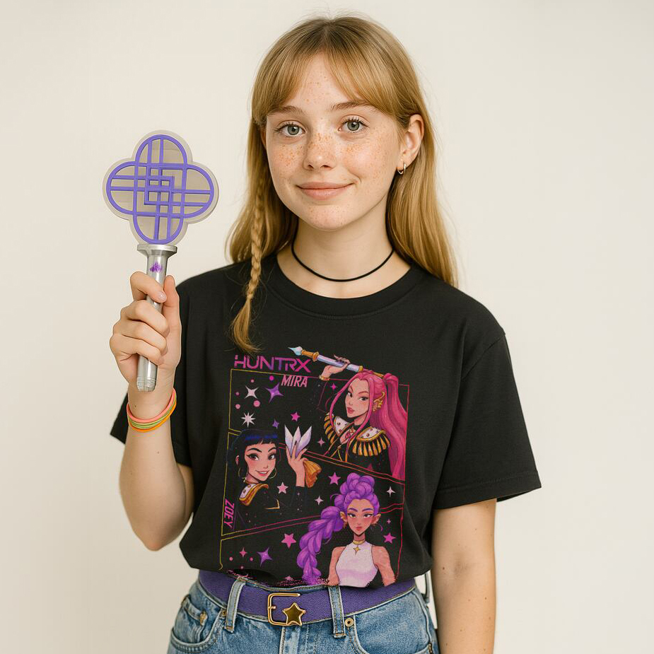 Młoda kobieta w czarnej koszulce Huntrix z ilustracjami Mira, Zoey i Rumi, trzymająca stick Huntrix