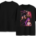 Przód i tył czarnej koszulki Huntrix z ilustracjami postaci Mira, Zoey i Rumi w stylu anime – bawełniany merch bez nadruku na tyle, idealny dla fanów dynamicznych wzorów.