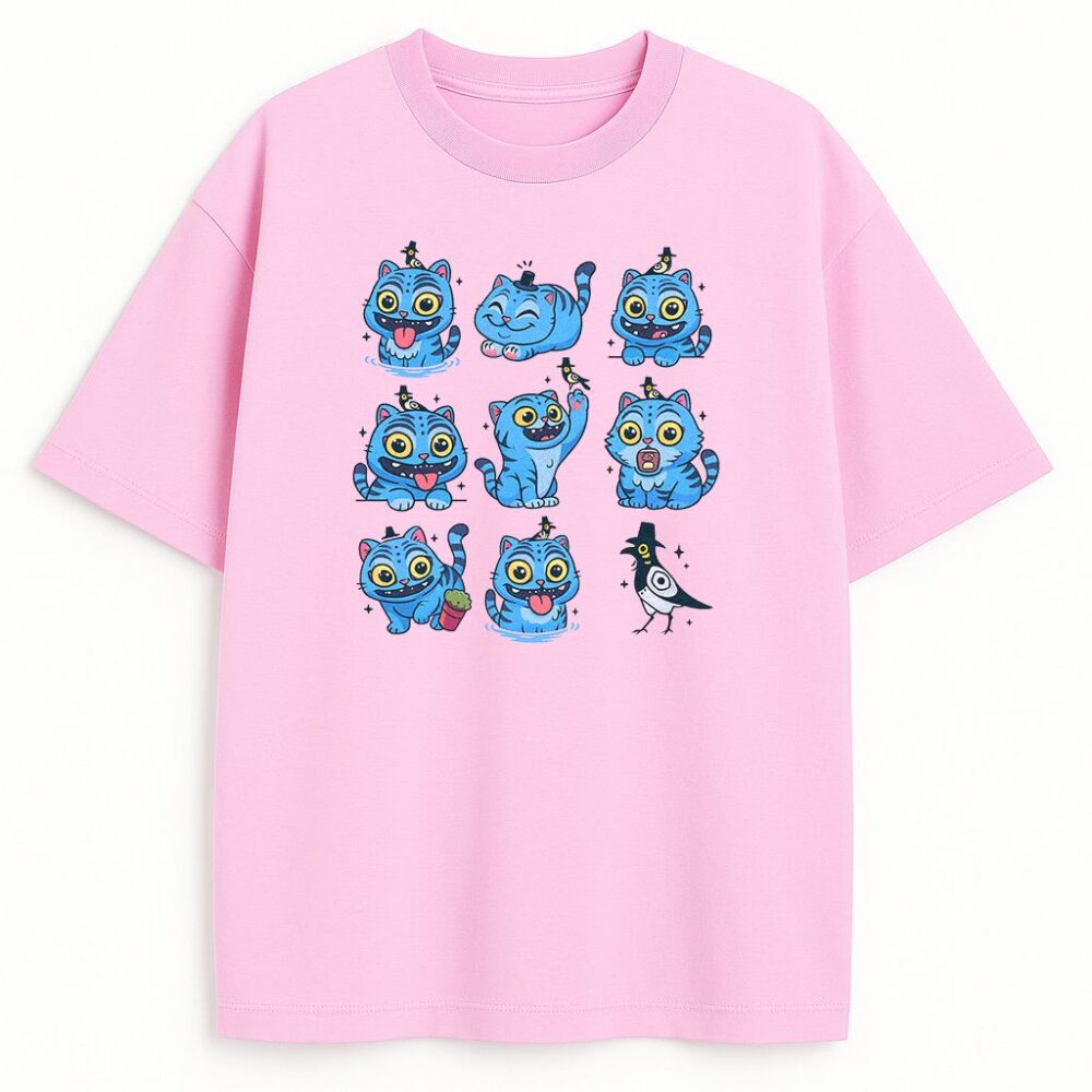 Różowy T-shirt fanowski Huntrix Blue Tiger – niebieski tygrys w humorystycznych pozach, bawełniany merch dla miłośników Rumi, Miry i Zoey, stylowy i wygodny.