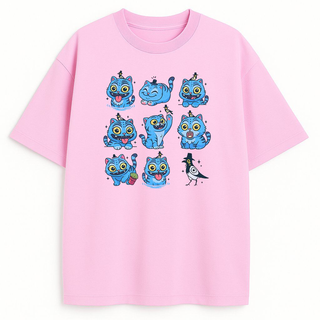 Różowy T-shirt fanowski Huntrix Blue Tiger – niebieski tygrys w humorystycznych pozach, bawełniany merch dla miłośników Rumi, Miry i Zoey, stylowy i wygodny.
