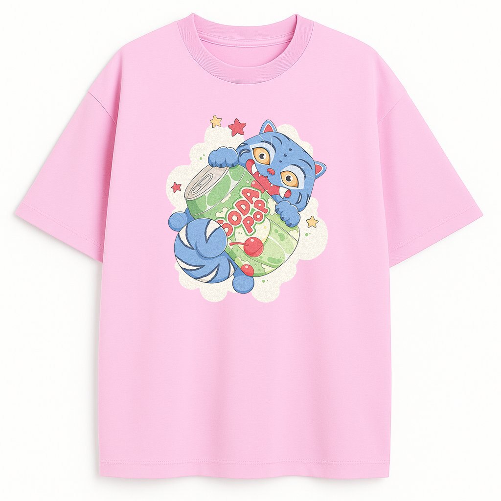 Różowy T-shirt merch Huntrix Derpy Soda Pop – słodki design z niebieskim tygrysem i derpy sodą, bawełniany dla fanów Rumi, wygodny z humorem na KPop bitwy.