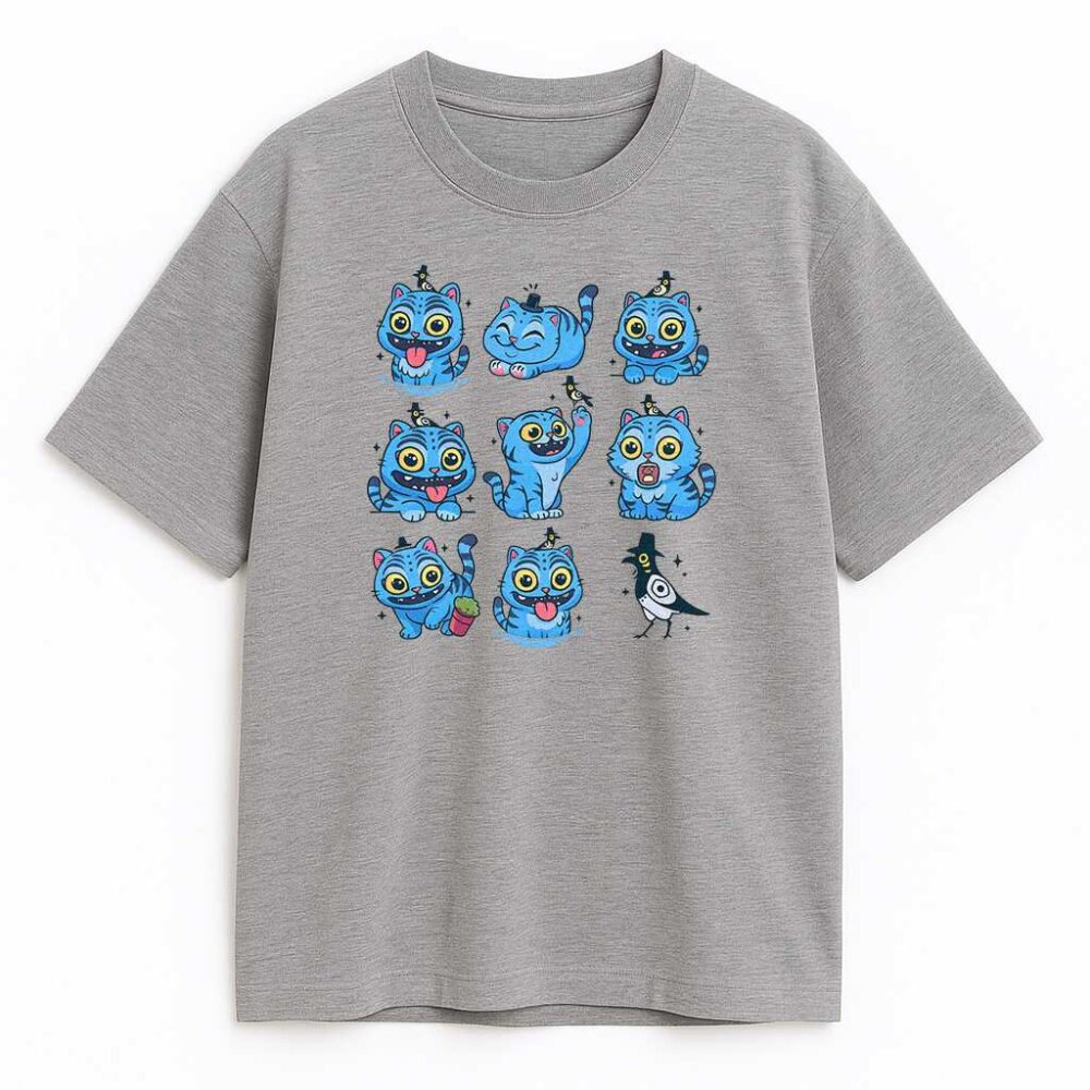 Szary T-shirt Huntrix Blue Tiger z niebieskim tygrysem – fanowski merch dla łowców demonów, wygodny bawełniany design z magicznymi pozami tygrysa, idealny na co dzień.