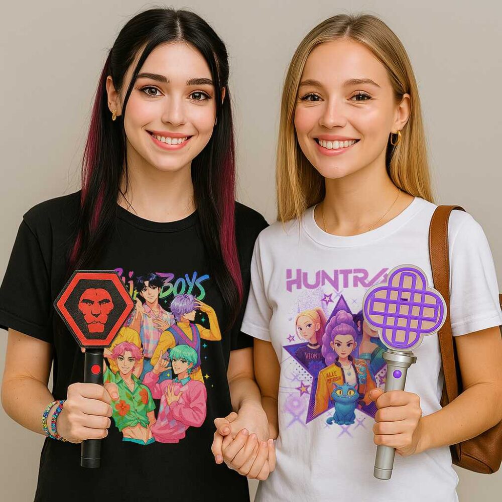 Fani w Koszulka Saja Boys Huntrix z lightstickami, pełen koncertowy vibe KPop Demon Hunters.