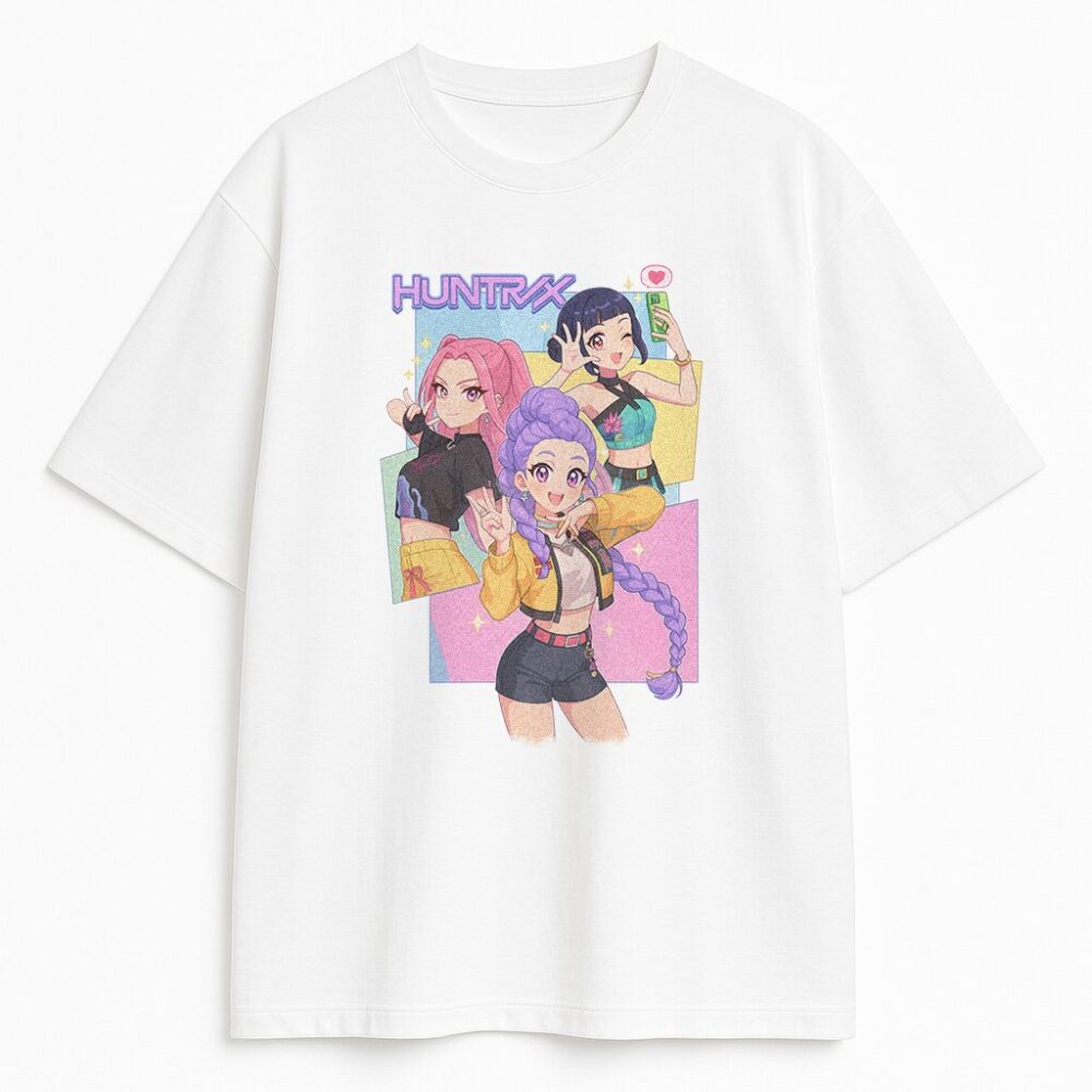 T-shirt K-pop Demon Hunters Anime Pastel biały z postaciami Huntrix