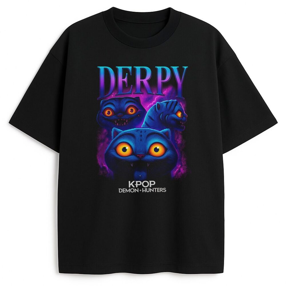T-shirt Derpy Bootleg z neonowym nadrukiem niepokojącego kota z kreskówki K-pop Demon Hunters