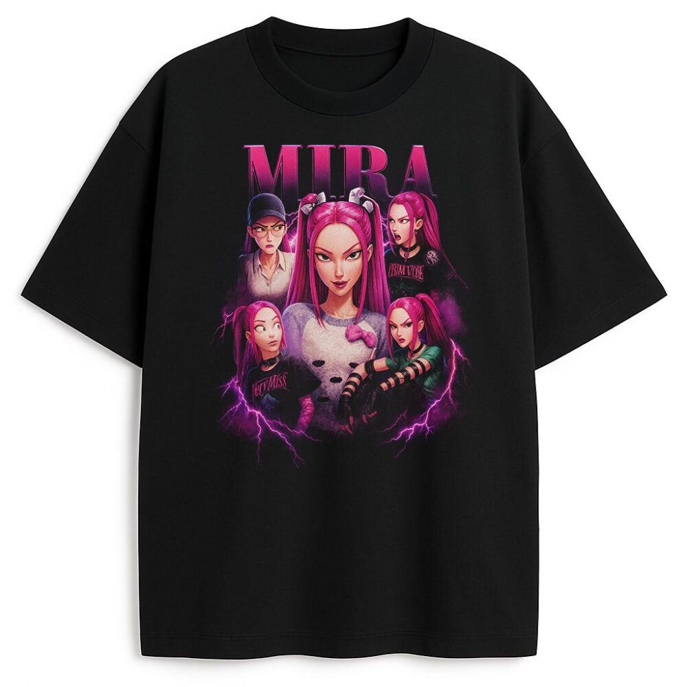 T-shirt Huntrix Bootleg Mira z fioletowo-różową grafiką postaci Mira z K-pop Demon Hunters