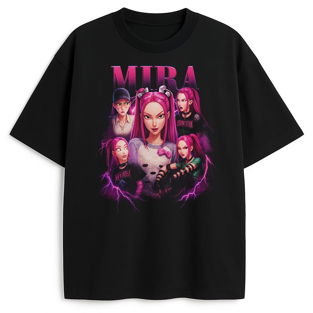 T-shirt Huntrix Bootleg Mira – koszulka z nadrukiem postaci Mira z kreskówki T-shirt Huntrix Bootleg Mira z fioletowo-różową grafiką postaci Mira z K-pop Demon Hunters