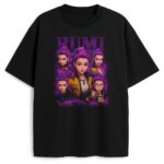 T-shirt Huntrix Bootleg Rumi z grafiką Rumi z bajki K-pop Demon Hunters na czarnym tle