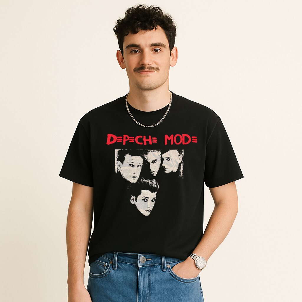 Mężczyzna w czarnym T-shircie Depeche Mode z czerwonym logo i portretami członków zespołu w stylu vintage