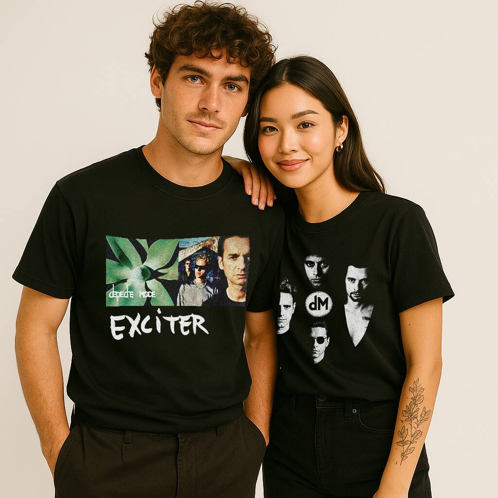 Mężczyzna w czarnym T-shircie Depeche Mode Exciter z zieloną grafiką i członkami zespołu oraz kobieta w czarnym T-shircie Depeche Mode 90s z portretami muzyków