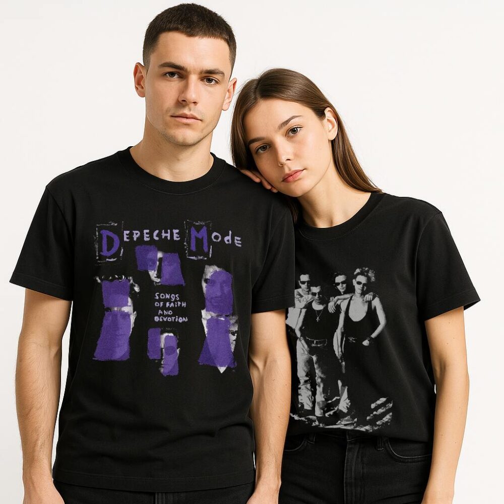 Mężczyzna w czarnym T-shircie Depeche Mode Vintage z fioletową grafiką i kobieta w czarnym T-shircie Depeche Mode Vintage Photo z czarno-białym zdjęciem zespołu