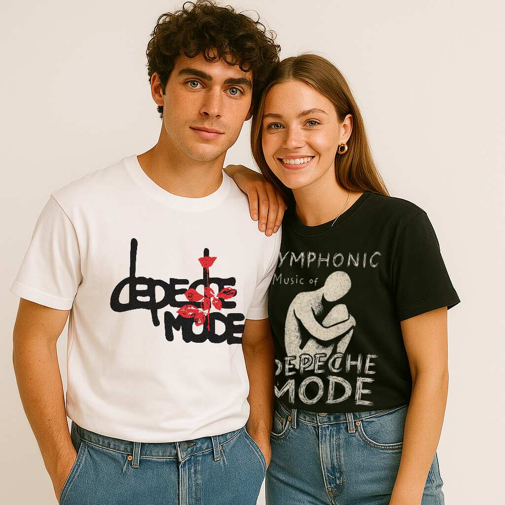 Mężczyzna w białym T-shircie Depeche Mode Roses z czarnym logo i czerwoną różą oraz kobieta w czarnym T-shircie Depeche Mode Symphonic Music z białą grafiką postaci