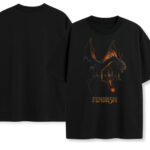 Czarny t-shirt Feminism Smok vintage 90s - przód i tył, ognisty smok nad zamkiem, unisex oversize