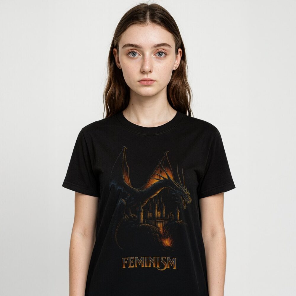 Modelka w czarnym T-shirt Feminism Smok vintage 90s - ognisty smok nad zamkiem, unisex