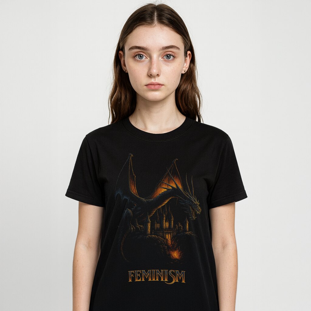 Modelka w czarnym T-shirt Feminism Smok vintage 90s - ognisty smok nad zamkiem, unisex
