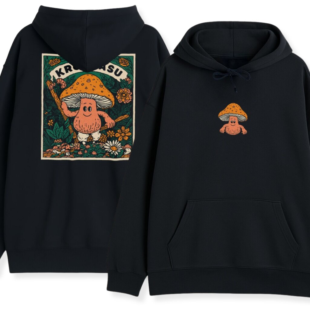 czarna Bluza na Grzyby Król Lasu - minimalistyczny przód i plakatowy tył w ramce