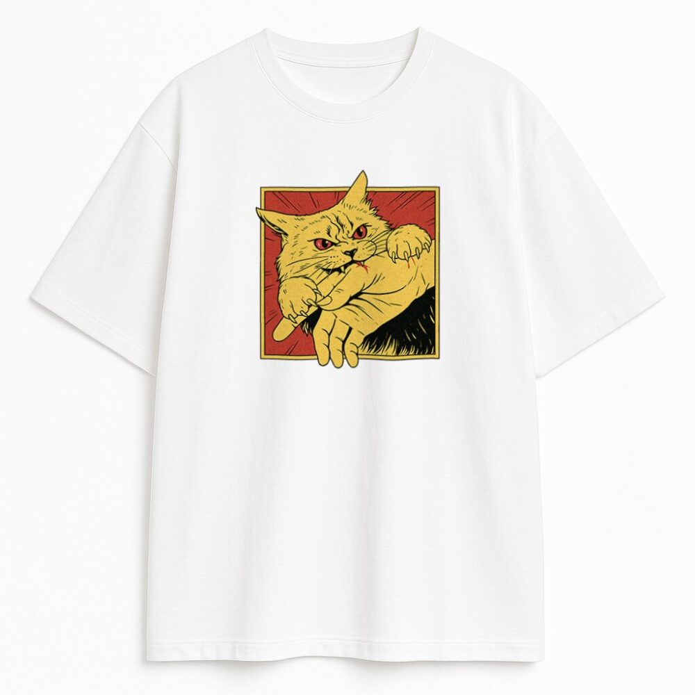 T-shirt Furious Cat Bite na białej koszulce, ilustracja vintage w czerwono-żółtej ramce, krój unisex
