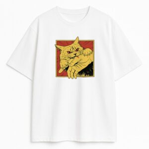 T-shirt Furious Cat Bite na białej koszulce, ilustracja vintage w czerwono-żółtej ramce, krój unisex