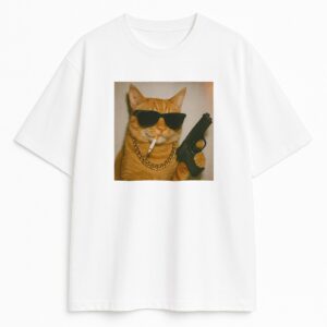 T-shirt Gangsta Madafaka z nadrukiem kota na białej koszulce - rudy memiczny bohater w okularach i złotym łańcuchu