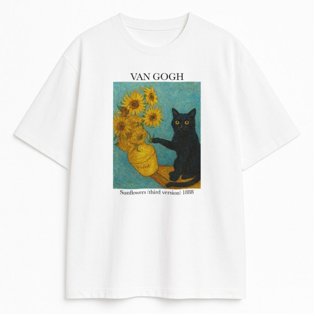 T-shirt Van Gogh Cat and Sunflowers na białej bazie z kocim żartem i wazonem słoneczników w stylu malarskim
