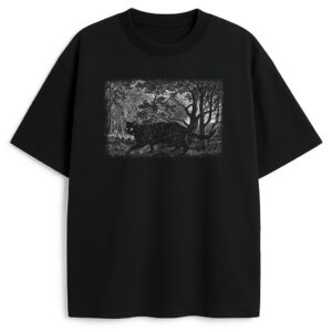 T-shirt Walking Cat z czarno-białą ilustracją kota w naturze w stylu dawnej ryciny na jednolitej bazie