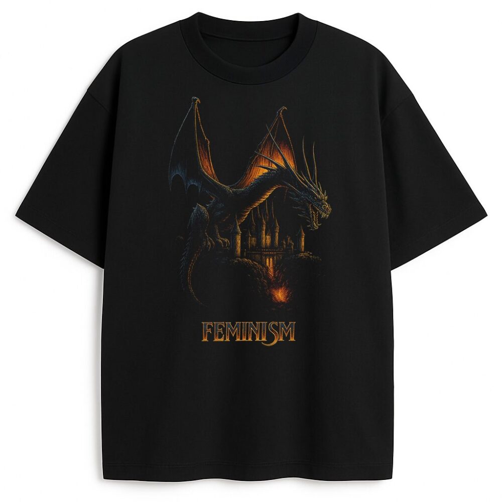 Czarna koszulka ze smokiem i napisem FEMINISM - vintage 90s graphic tee
