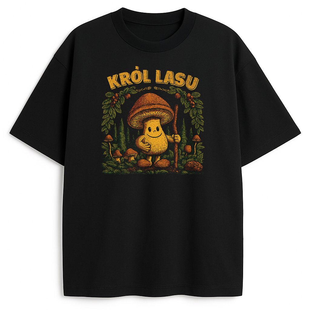 czarny t-shirt z napisem Król Lasu i grzybkiem wśród drzew