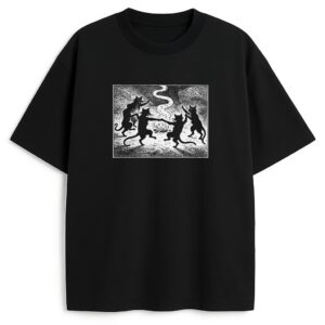 Czarna koszulka T-shirt Miau Sabbath z tańczącymi kotami przy ognisku, retro monochrom