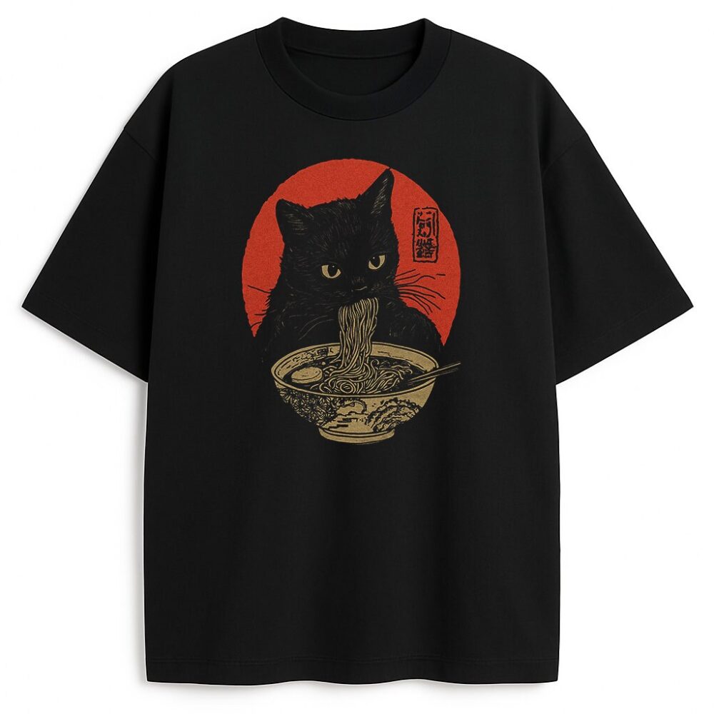 T-shirt Neko Ramen czarny z kotem i ramenem retro japan