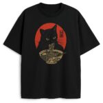 T-shirt Neko Ramen czarny z kotem i ramenem retro japan