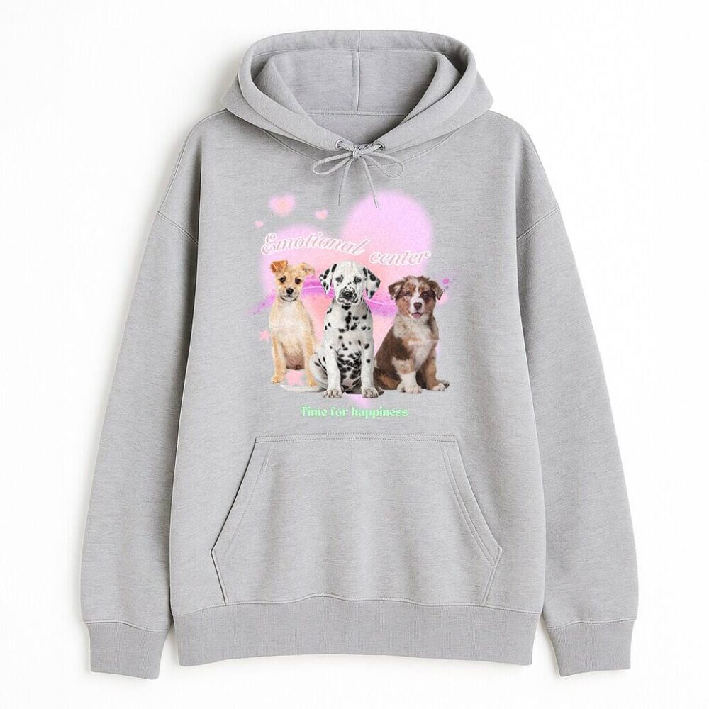 szara bluza z kapturem dogs emotional center z nadrukiem trzech piesków