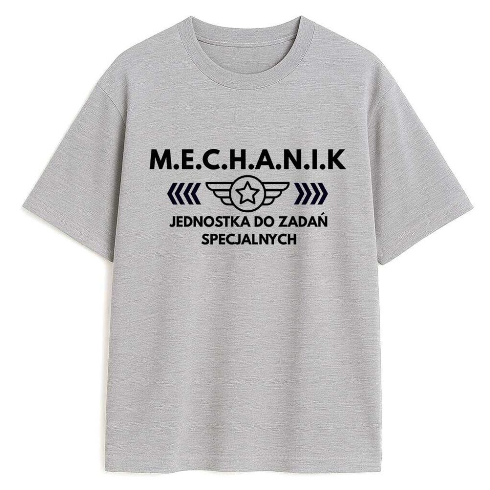 Szara koszulka z napisem Mechanik Jednostka do Zadań Specjalnych, widok z przodu
