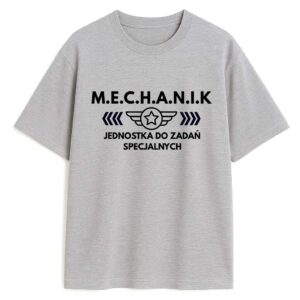 Szara koszulka z napisem Mechanik Jednostka do Zadań Specjalnych, widok z przodu