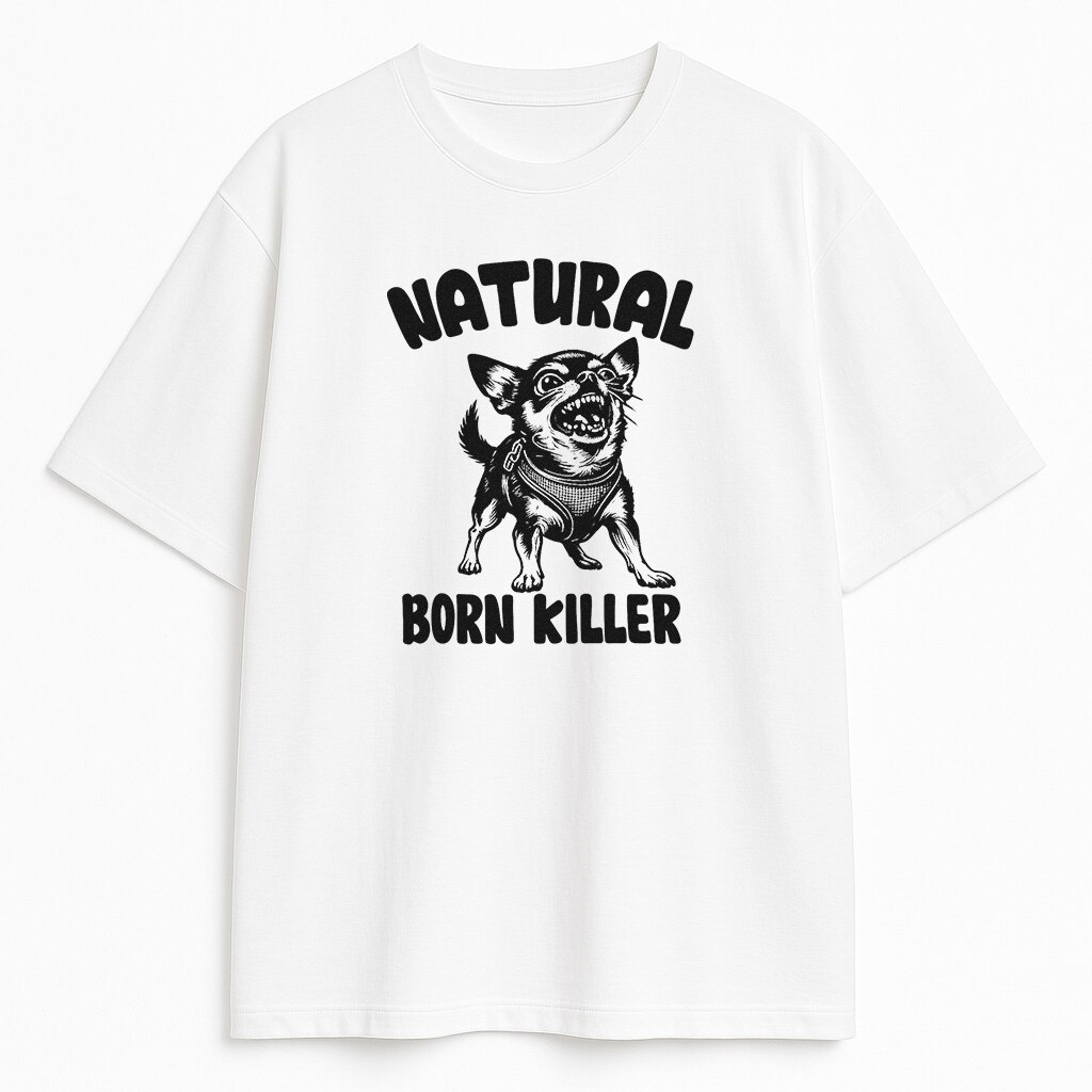 biała koszulka Chihuahua Retro z napisem Natural Born Killer