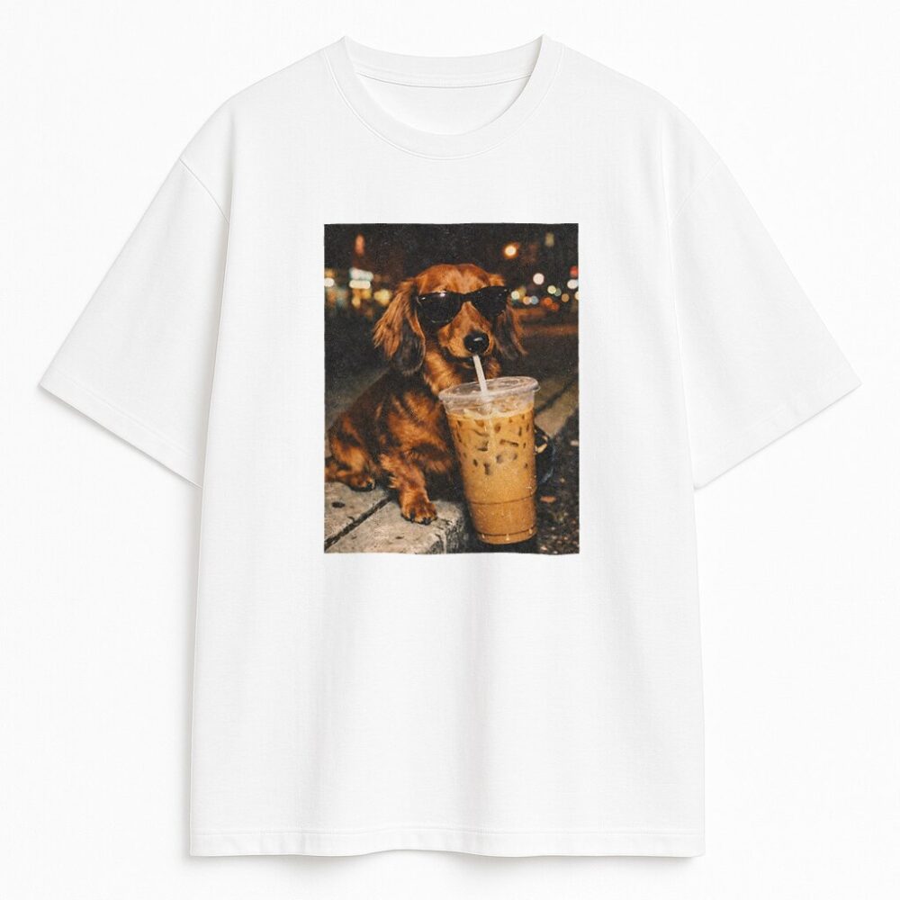 biała koszulka z jamnikiem w okularach i mrożoną kawą