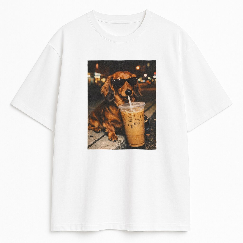 biała koszulka z jamnikiem w okularach i mrożoną kawą