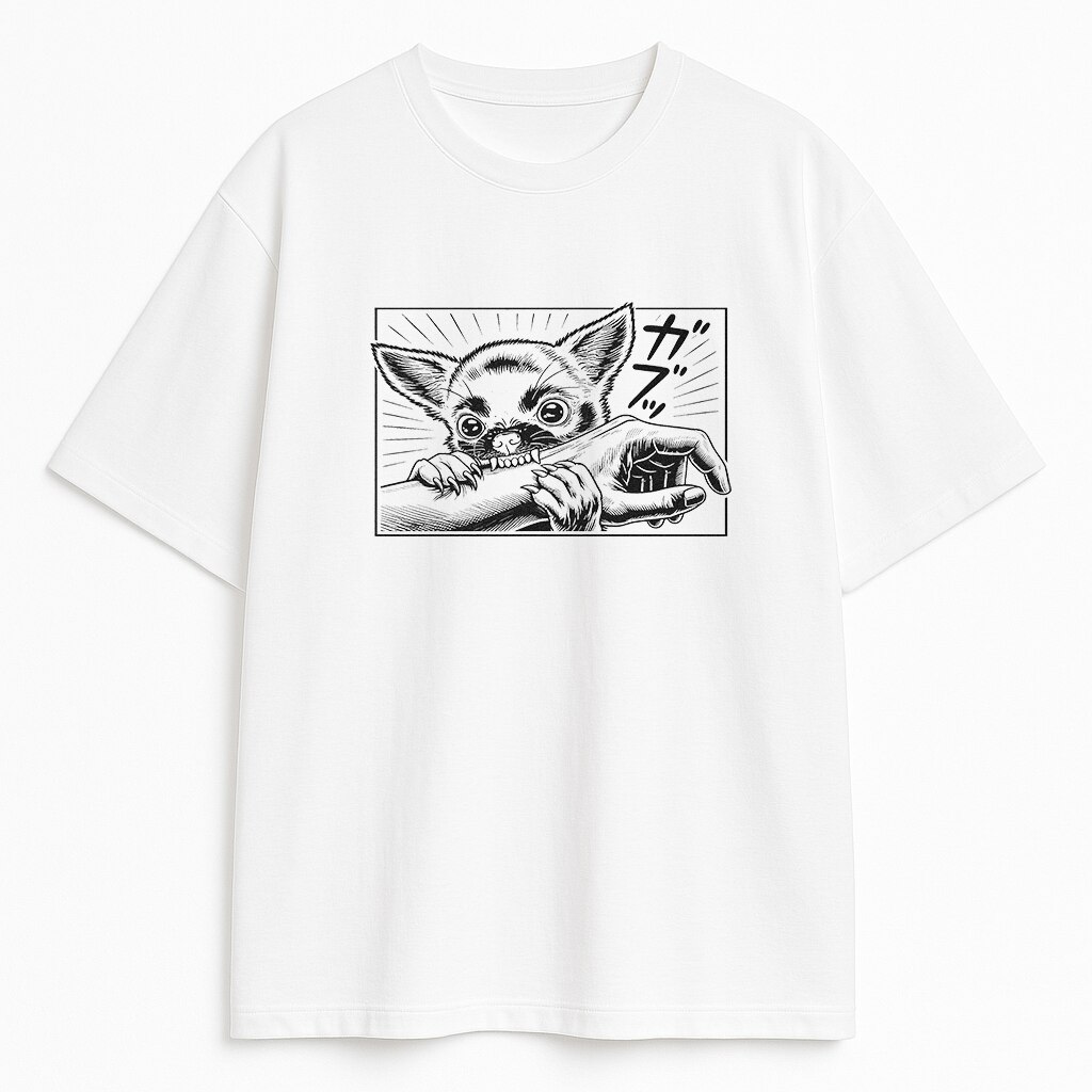 biała koszulka z nadrukiem chihuahua gryzącego dłoń w stylu japońskim