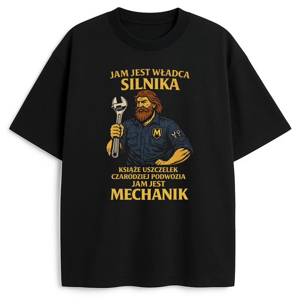 Czarna koszulka T-shirt Jam Jest Mechanik z postacią mechanika i napisem Jam jest władca silnika, przód