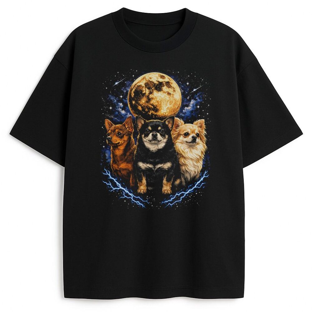 czarny T-shirt Chihuahua z trzema psami na tle księżyca w stylu lat 90