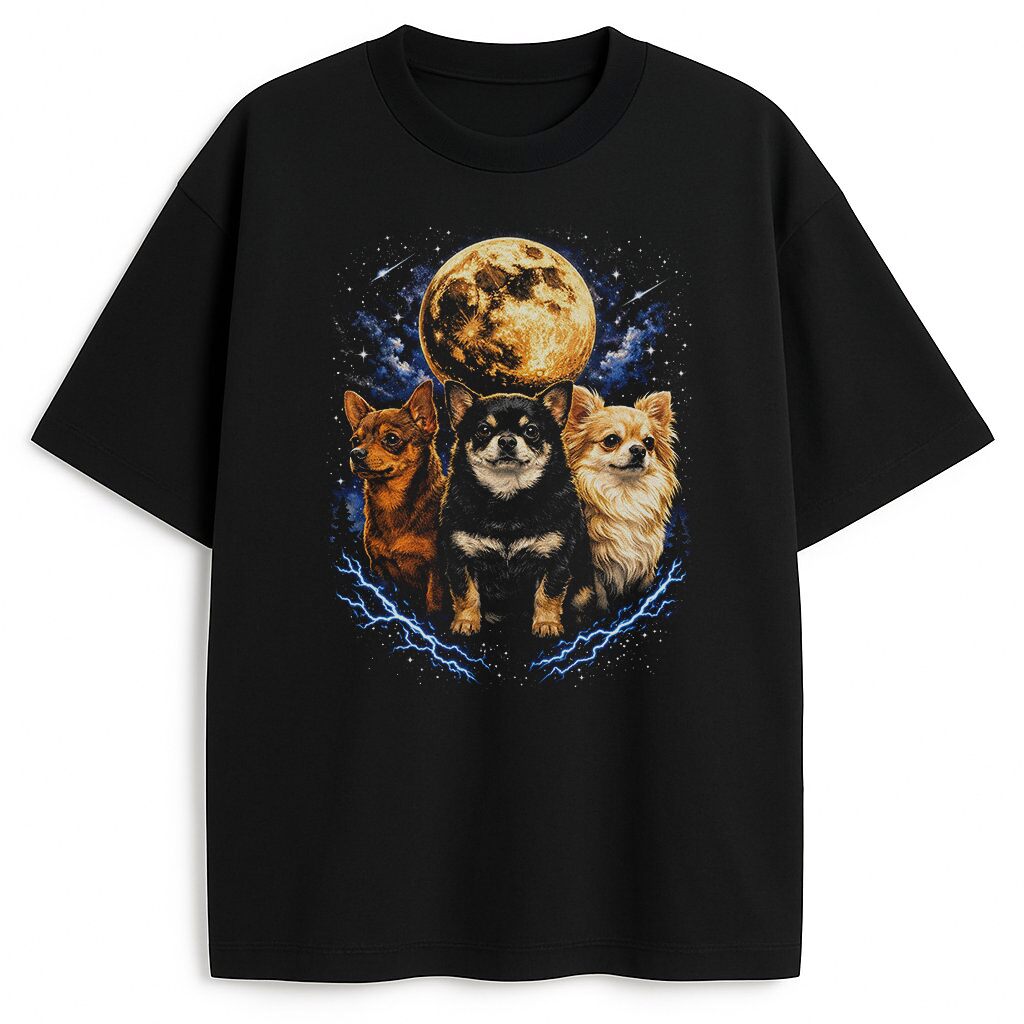 czarny T-shirt Chihuahua z trzema psami na tle księżyca w stylu lat 90