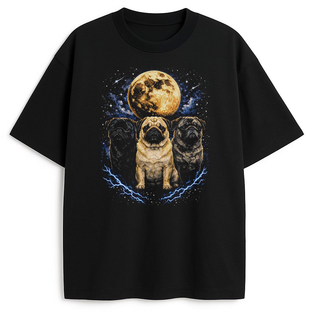 czarna koszulka z mopsami na tle księżyca w stylu lat 90