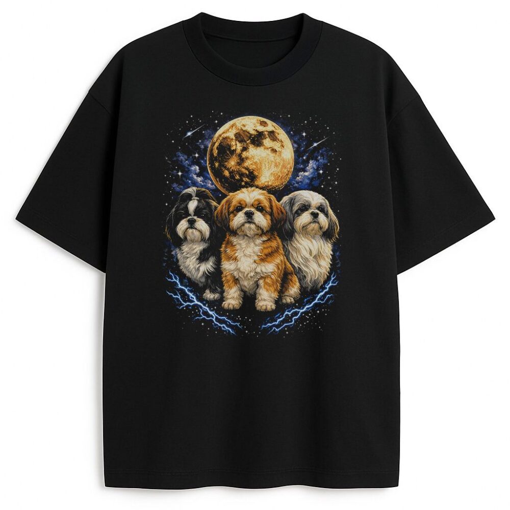 czarna koszulka Shih Tzu z trzema pieskami na tle księżyca w stylu lat 90