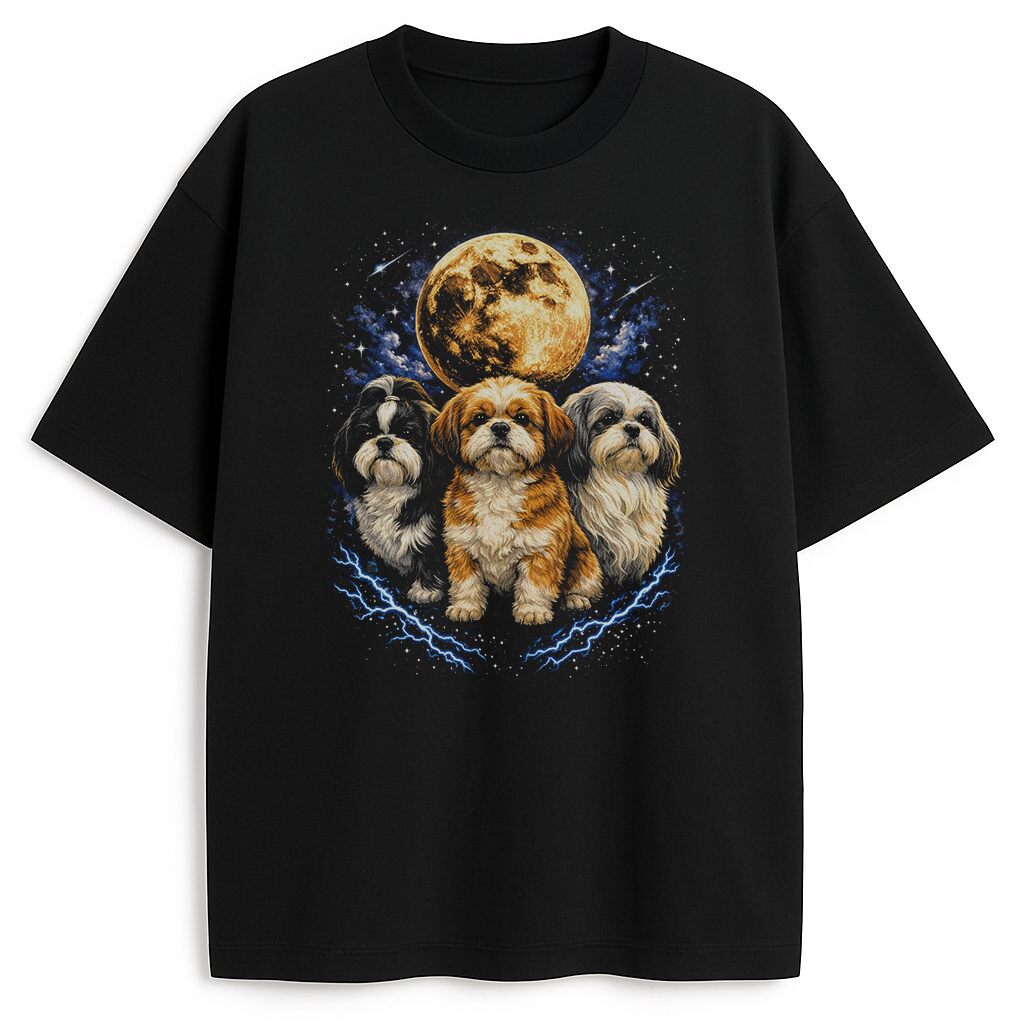 czarna koszulka Shih Tzu z trzema pieskami na tle księżyca w stylu lat 90